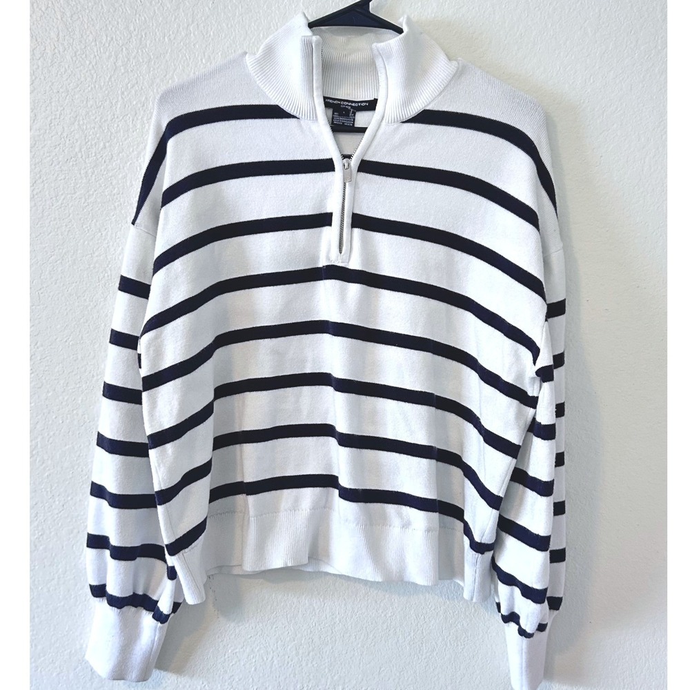 French‎ Connection Nautical Quarter Zip Striped Knit Sweater White Black SZ L